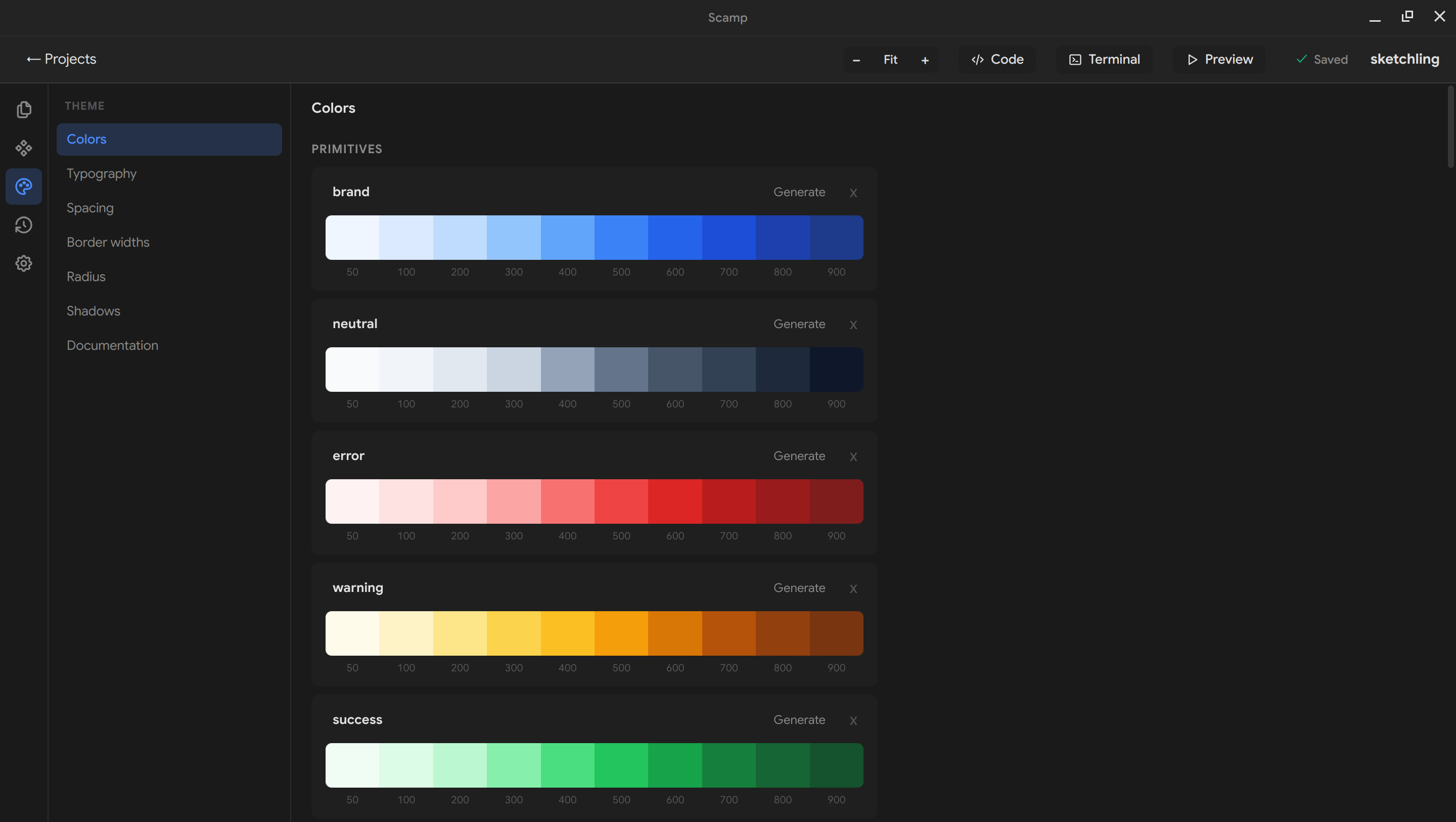 Scamp with a theme tokens modal open, editing CSS custom properties that update the canvas live