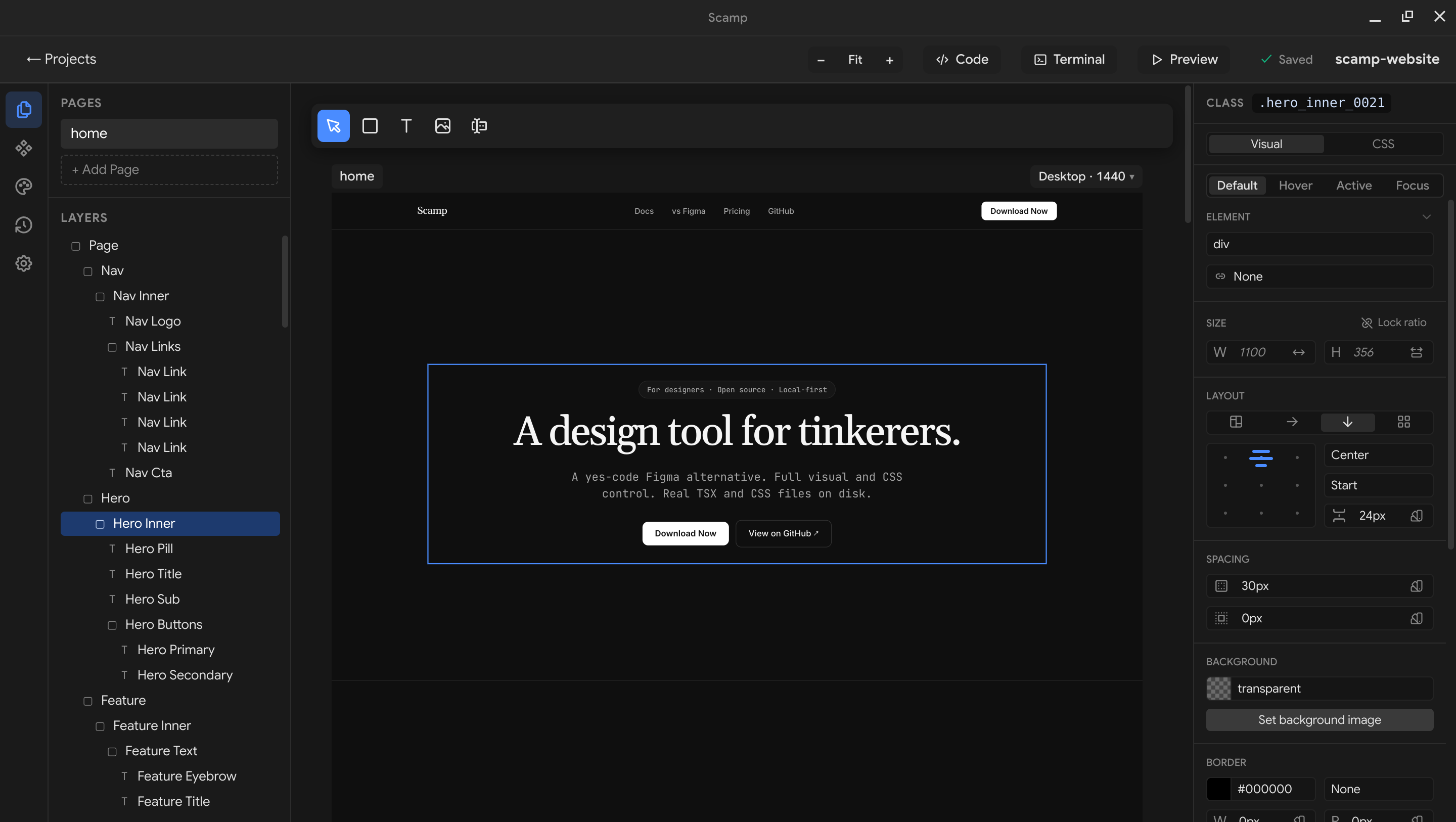 Scamp app showing a layers panel, canvas with a landing page design, and the CSS inspector panel open